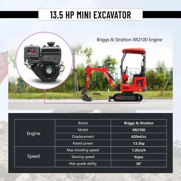 HUAYEE HY14C | 1.4-Ton Mini Excavator, Briggs & Stratton 13.5HP, Swing Boom & Hydraulic Thumb