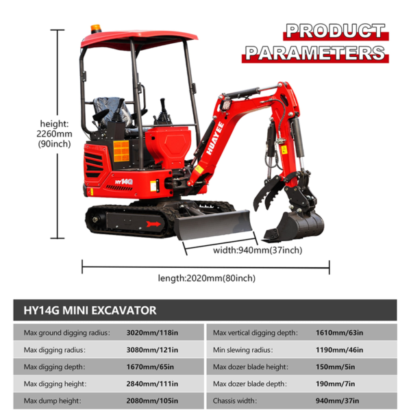 12 HUAYEE HY14G 1.4T Mini Excavator 14HP Kubota Diesel Engine with Hydraulic Thumb