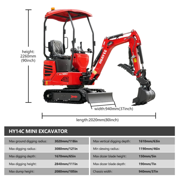 12 HUAYEE HY14C 1.4T Mini Excavator 13.5HP Briggs & Stratton Gas Engine with 5 Attachments