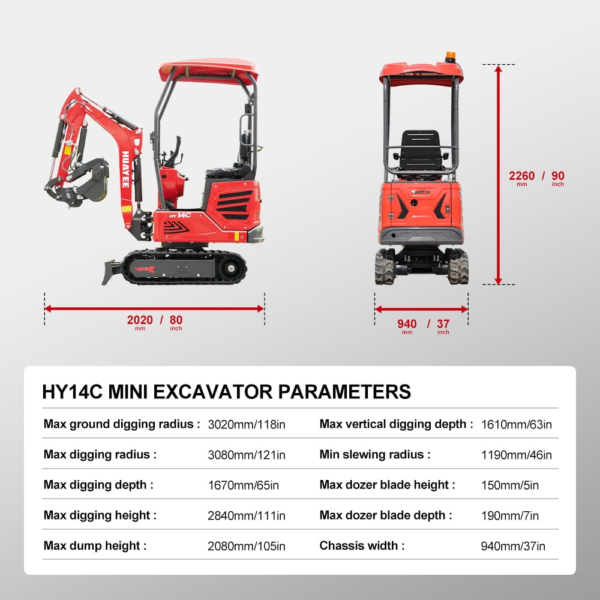 4 HUAYEE HY14C 1.4T Mini Excavator 13.5HP Briggs & Stratton Gas Engine with 5 Attachments