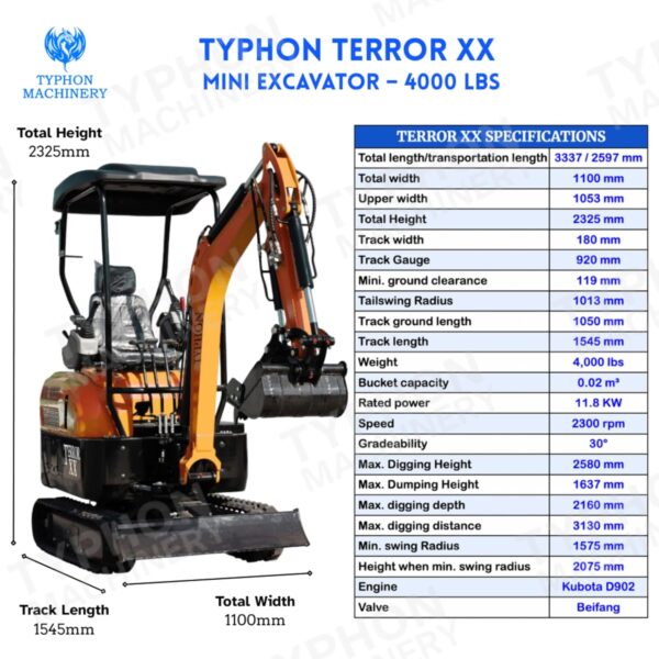 5 TYPHON TERROR XX 4000 lb Mini Excavator 20.4HP Kubota D902 Diesel Engine