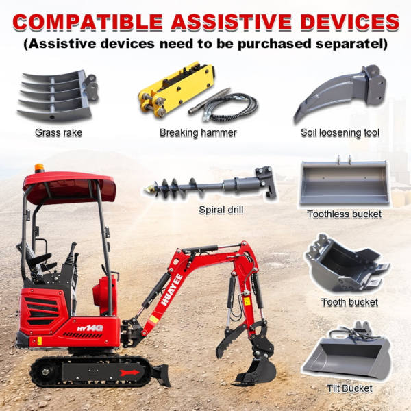 6 HUAYEE HY14G 1.4T Mini Excavator 14HP Kubota Diesel Engine with Hydraulic Thumb