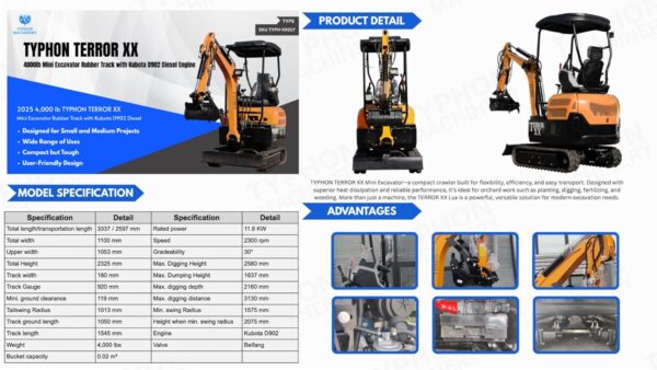 6 TYPHON TERROR XX 4000 lb Mini Excavator 20.4HP Kubota D902 Diesel Engine