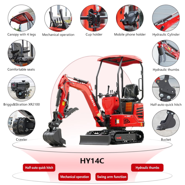 6 HUAYEE HY14C 1.4T Mini Excavator 13.5HP Briggs & Stratton Gas Engine with 5 Attachments
