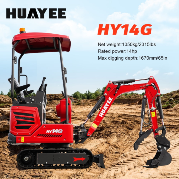 8 HUAYEE HY14G 1.4T Mini Excavator 14HP Kubota Diesel Engine with Hydraulic Thumb